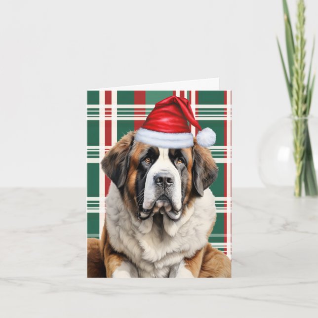 Cute Saint Bernard Santa Dog Plaid Christmas Holiday Card (Front)