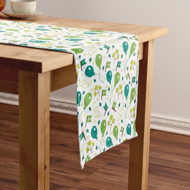 Cute Saint Patrick's Day Green Balloons Flags Fun Short Table Runner (In Situ)