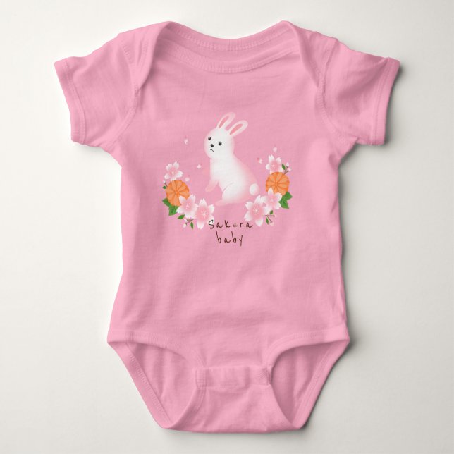 Cute Sakura and White Rabbit Pink Japanese Style c Baby Bodysuit (Front)