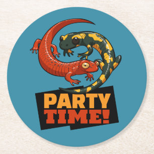 Cute Salamanders Party Time! Red & Fire Cartoon Round Paper Coaster