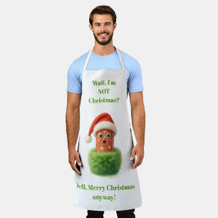 Cute salami surprised Christmas in fluffy green Apron