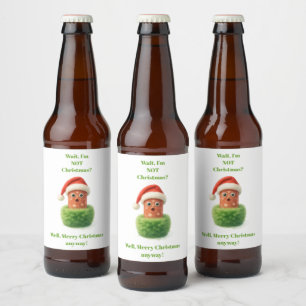 Cute salami surprised Christmas in fluffy green Beer Bottle Label