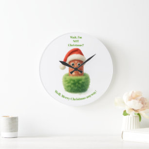 Cute salami surprised Christmas in fluffy green Large Clock