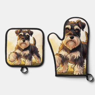 Cute Salt and Pepper Schnauzer Puppy Oven Mitt & Pot Holder Set