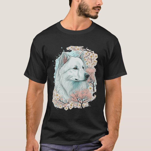 Cute Samoyed Cherry Blossom Dog Breed Japanese Sak T-Shirt (Front)