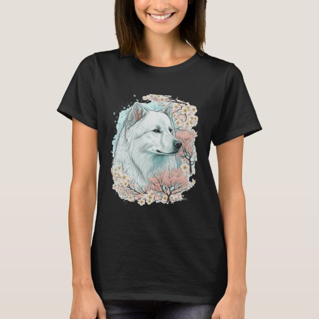 Cute Samoyed Cherry Blossom Dog Breed Japanese Sak T-Shirt (Front)