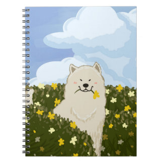 Cute Samoyed Dog in Field of Yellow Flowers (Blue) Notebook
