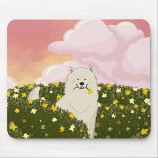 Cute Samoyed Dog in Field of Yellow Flowers (Pink) Mouse Pad