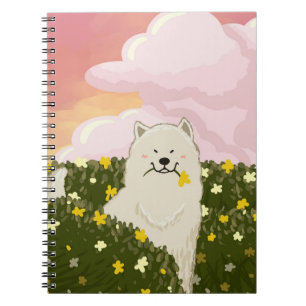 Cute Samoyed Dog in Field of Yellow Flowers (Pink) Notebook