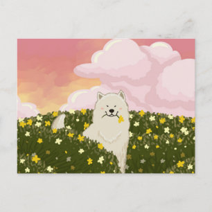 Cute Samoyed Dog in Field of Yellow Flowers (Pink) Postcard