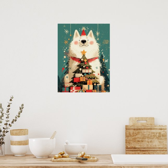 Cute Samoyed dog with Christmas Holiday Poster (Kitchen)