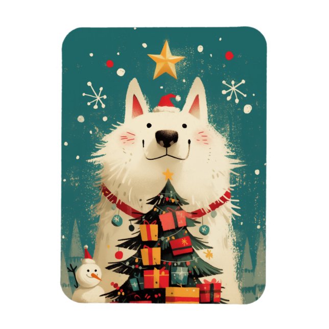 Cute Samoyed dog with Christmas Magnet (Vertical)