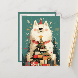 Cute Samoyed dog with Christmas Postcard