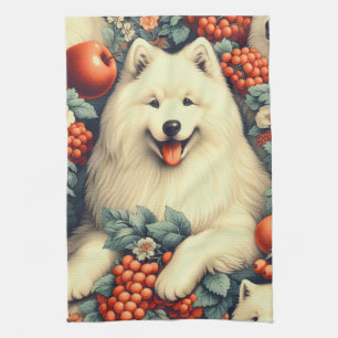 Cute Samoyed Floral Painting Tea Towel
