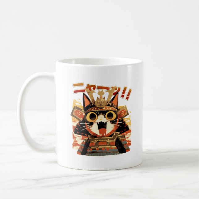 Cute Samurai Cat in Armour Coffee Mug (Left)