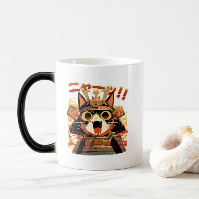 Cute Samurai Cat in Armour Magic Mug (With Donut)