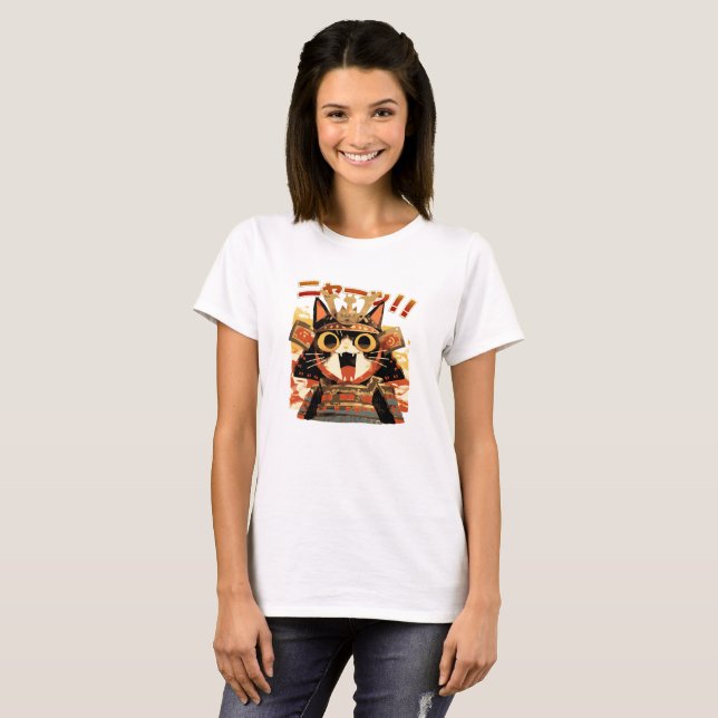 Cute Samurai Cat in Armour T-Shirt (Front Full)