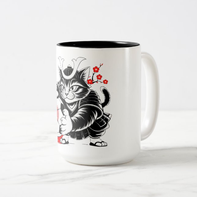 Cute Samurai Cat Soccer Gift for Japan Fans & Cat  Two-Tone Coffee Mug (Front Right)