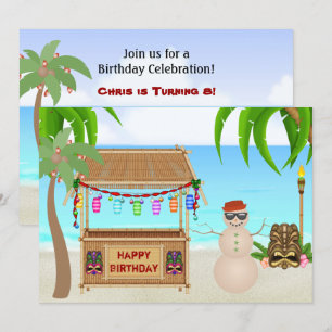 Cute Sand Snowman Winter Beach Birthday Invitation