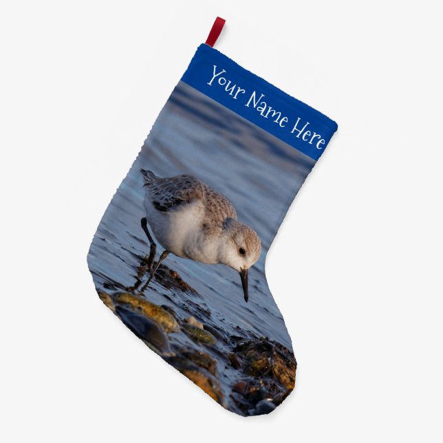 Cute Sanderling Sandpiper Strolling Wintry Shores Large Christmas Stocking (Front (Hanging))