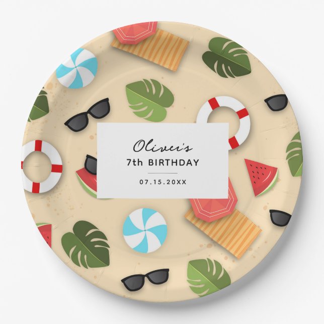 Cute Sandy Beach Summer Fun Birthday Party Paper Plate (Front)
