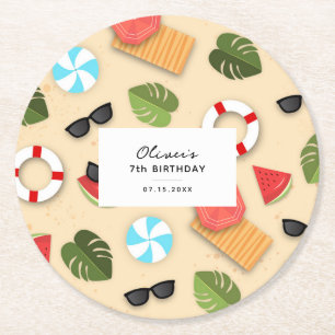 Cute Sandy Beach Summer Fun Birthday Party Round Paper Coaster
