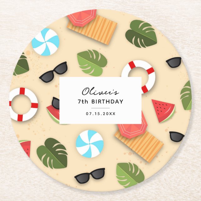 Cute Sandy Beach Summer Fun Birthday Party Round Paper Coaster (Front)
