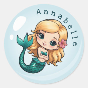 Cute Sandy Hair Mermaid in a Bubble Personalise Classic Round Sticker