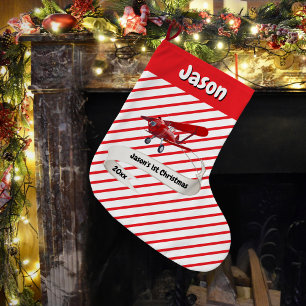 Cute Santa & Aeroplane,First Christmas,Personalise Large Christmas Stocking