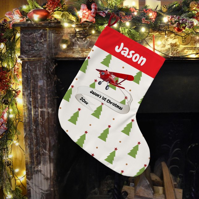 Cute Santa & Aeroplane,First Christmas,Personalise Large Christmas Stocking (Creator Uploaded)