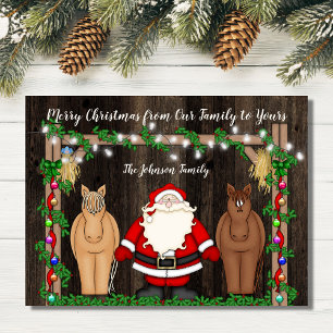 Cute Santa and Horses in Barn Merry Christmas Flat Holiday Card