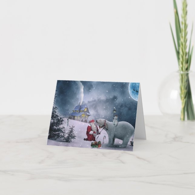 Cute Santa and polar bears with lots of snow Holiday Card (Front)