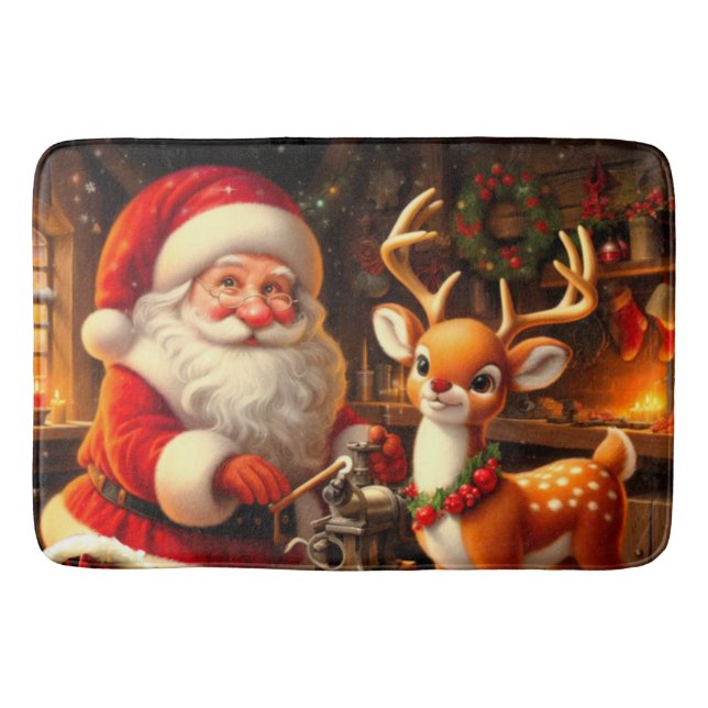 Cute Santa and Reindeer  Bath Mat (Front)