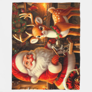 Cute Santa and Reindeer  Fleece Blanket