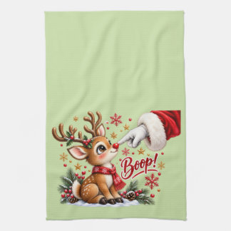 Cute Santa And Reindeer Nose Boop Christmas Tea Towel