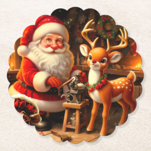 Cute Santa and Reindeer Paper Coaster