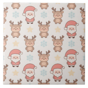 Cute Santa and Reindeer Pattern Ceramic Tile