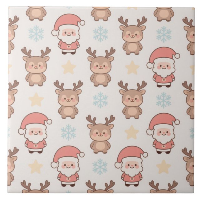 Cute Santa and Reindeer Pattern Ceramic Tile (Front)