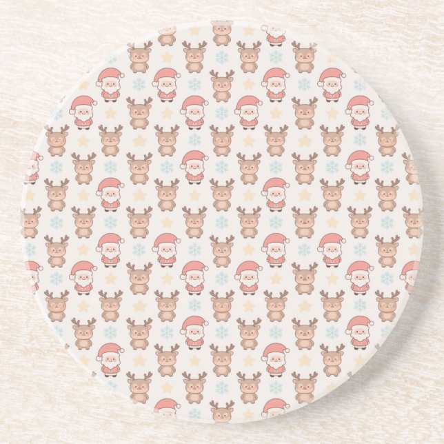 Cute Santa and Reindeer Pattern Coaster (Front)