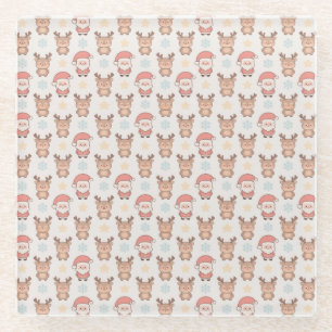 Cute Santa and Reindeer Pattern Glass Coaster