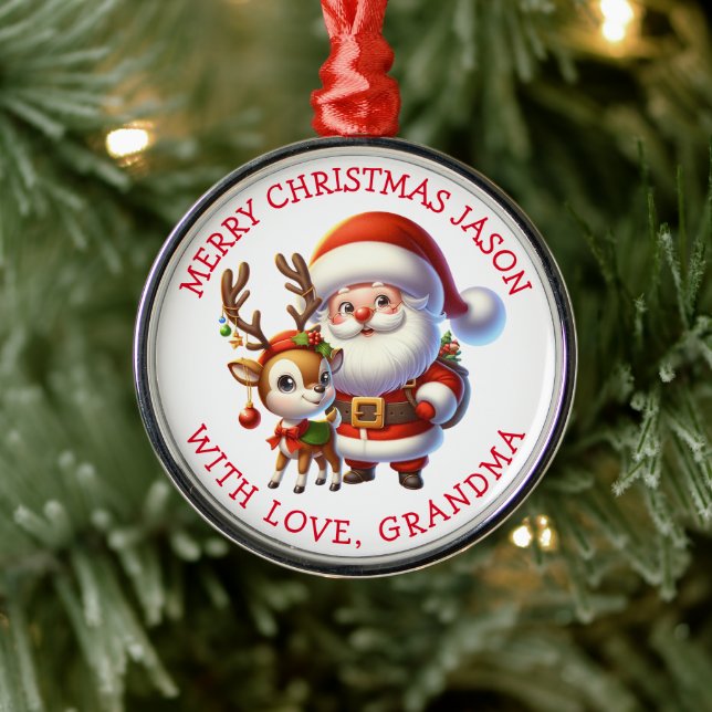 Cute Santa and Reindeer Personalised Christmas Metal Ornament (Tree)