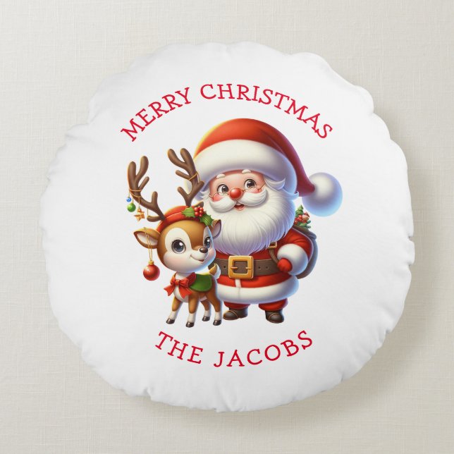Cute Santa and Reindeer Personalised Christmas Round Cushion (Front)