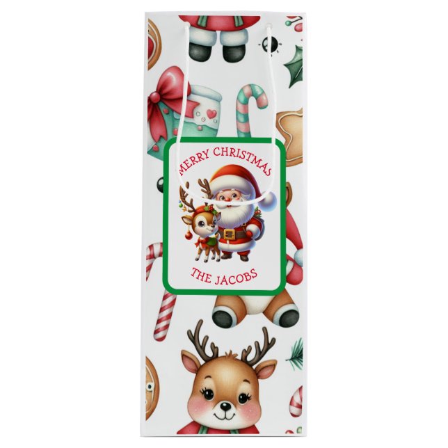 Cute Santa and Reindeer Personalised Christmas Wine Gift Bag (Front)
