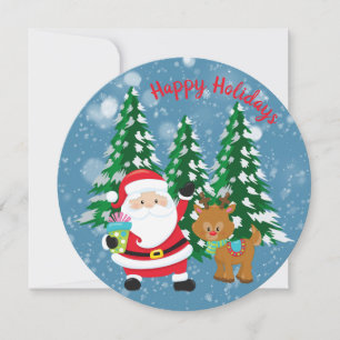 Cute Santa and Reindeer Round Christmas Flat Card