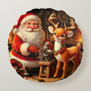 Cute Santa and Reindeer Round Cushion