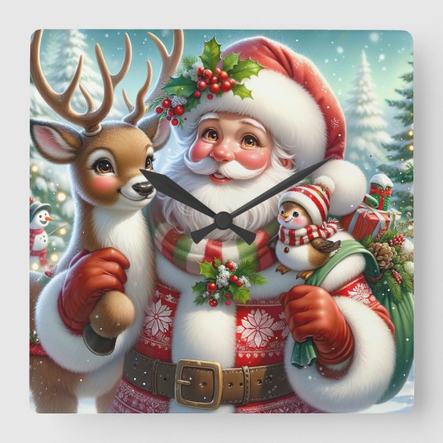 Cute Santa and Reindeer Square Wall Clock (Front)