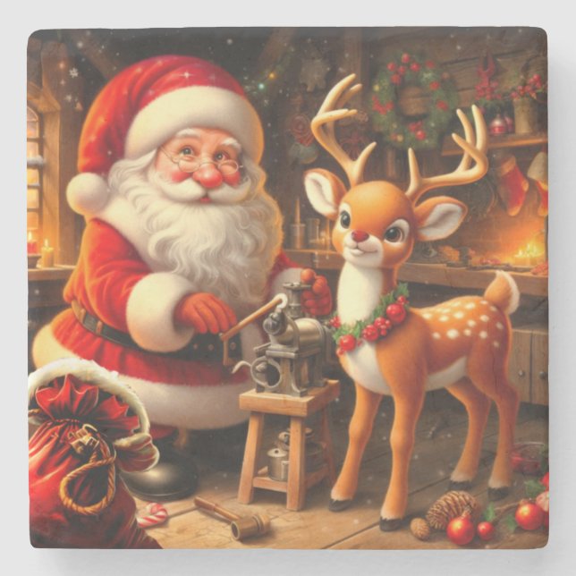 Cute Santa and Reindeer  Stone Coaster (Front)