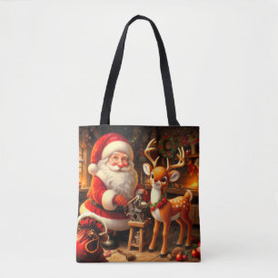 Cute Santa and Reindeer Tote Bag