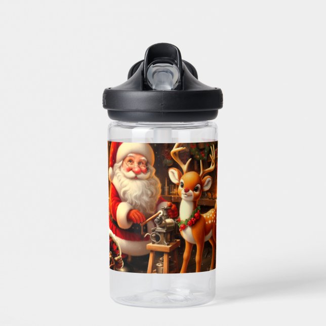 Cute Santa and Reindeer  Water Bottle (Front)
