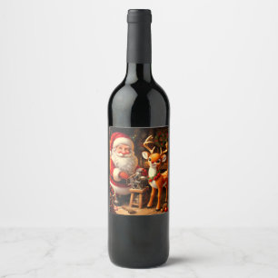 Cute Santa and Reindeer Wine Label